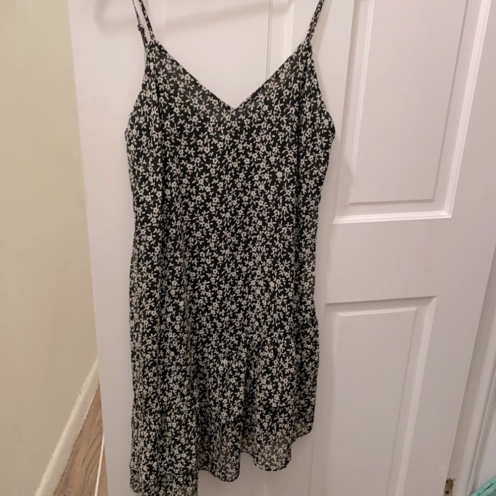 Aqua black and white floral Asymmetrical hem dress